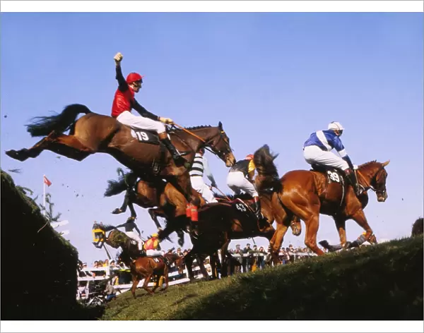 Horses clearing Bechers Brook, Grand National 1983
