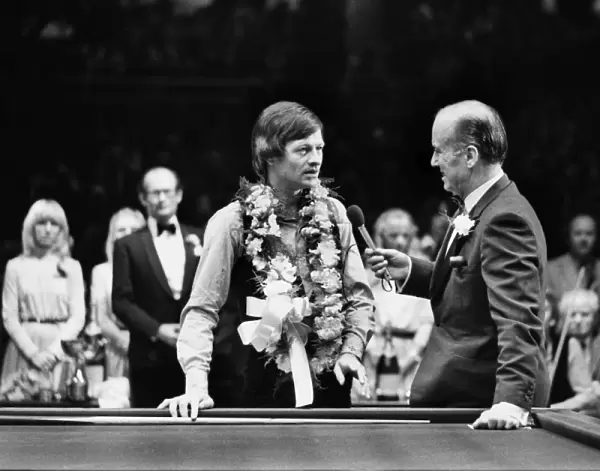 Alex Higgins talks to Peter West after victory in 1981 Benson & Hedges Masters Final