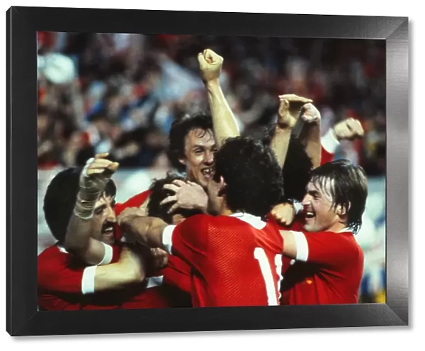 Liverpool players celebrate Alan Kennedys goal in the 1981 European Cup Final
