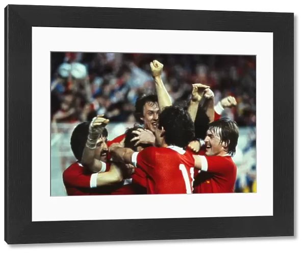 Liverpool players celebrate Alan Kennedys goal in the 1981 European Cup Final
