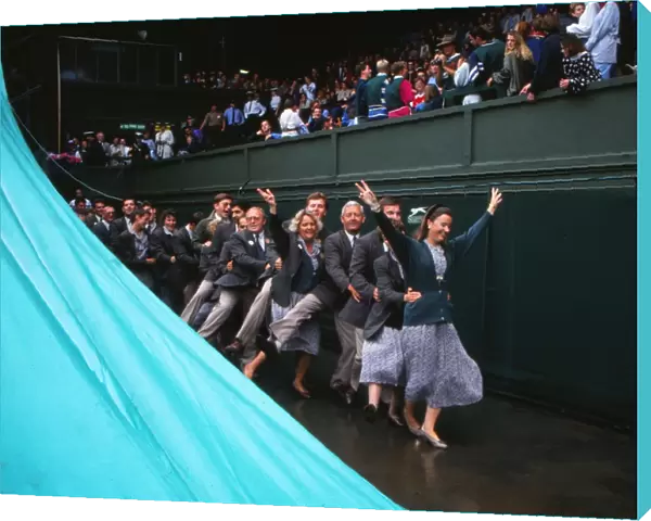 Wimbledon officials do the conga during a rain break on Centre Court in 1992