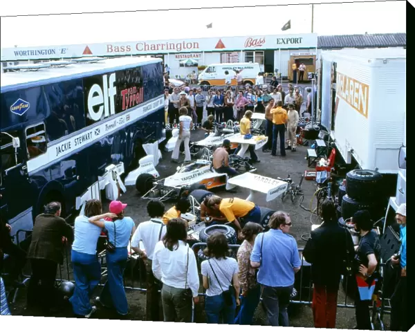 The McLaren paddock at the 1973 British Grand Prix at Silverstone