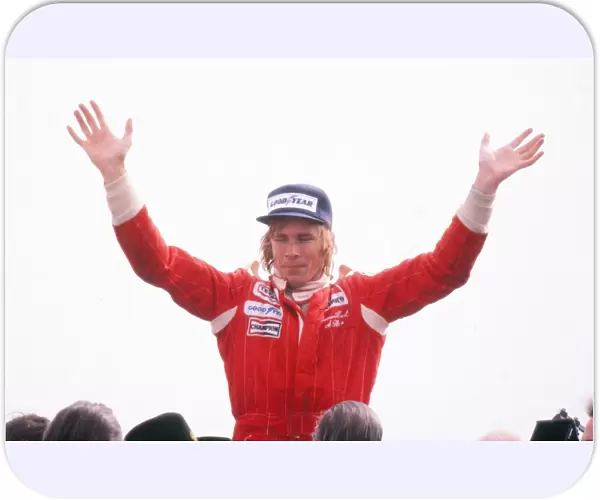 James Hunt celebrates after the 1976 British Grand Prix