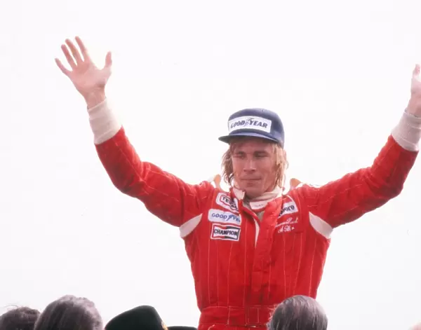 James Hunt celebrates after the 1976 British Grand Prix