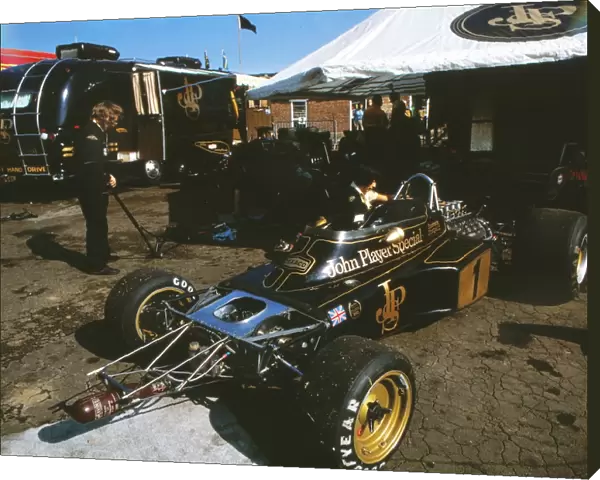 The Team Lotus garage at the 1973 British Grand Prix