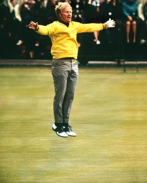 Jack Nicklaus leaps into the air after sinking the winning putt in the 1970 Open