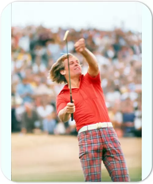 Johnny Miller celebrates sinking the winning putt at the 1976 Open