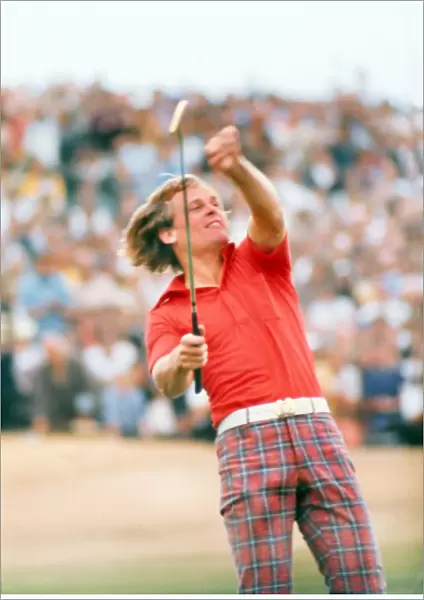 Johnny Miller celebrates sinking the winning putt at the 1976 Open