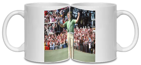 Tom Watson celebrates sinking the winning putt at the 1977 Open Championship
