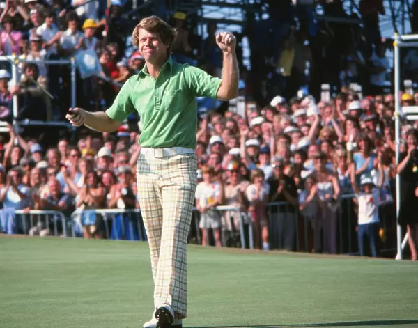 Tom Watson celebrates sinking the winning putt at the 1977 Open Championship