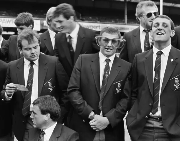Dean Richards jokes around with a large pair of glasses with team mate Wade Dooley at Twickenham in 1987