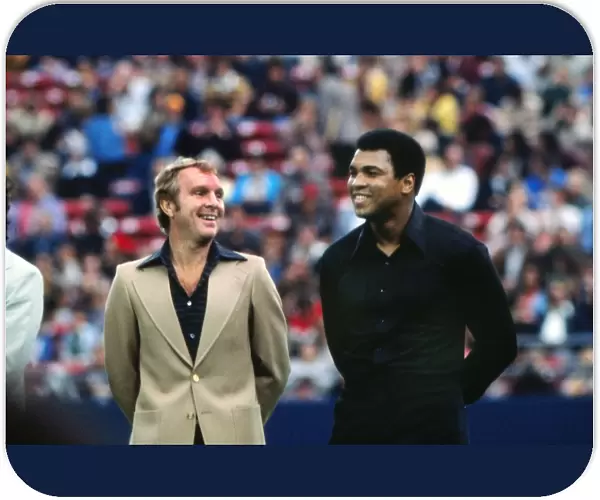 Bobby Moore and Muhammad Ali share a joke at Peles farewell game