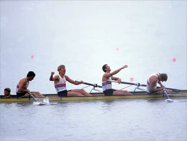 The GB Coxed Four rowers win gold at the 1984 Los Angeles Olympics