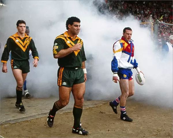 The two captains leads the teams out for the 1992 Rugby League Wolrd Cup Final