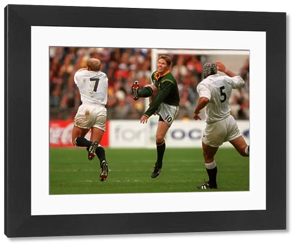 Jannie De Beer kicks one of his record five drop goals against England at the 1995 Rugby World Cup