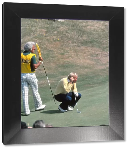 Jack Nicklaus lines up at a putt during the Duel in the Sun at the 1977 Open