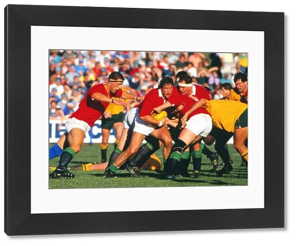 Mike Teague, Wade Dooley and Paul Ackford play for the British Lions in the second test against Australia in 1989