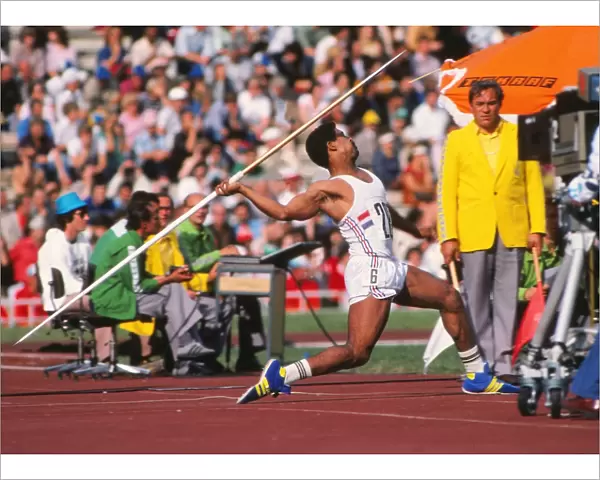 Daley Thompson throws the javelin at the 1980 Moscow Olympics