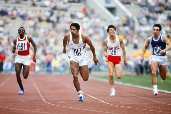 Daley Thompson wins the 100m during the mens decathlon at the 1980 Olympics