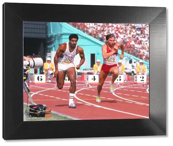 Daley Thompson sprints off on the way to winning the 100m event in the decathlon at the 1984 Olympics