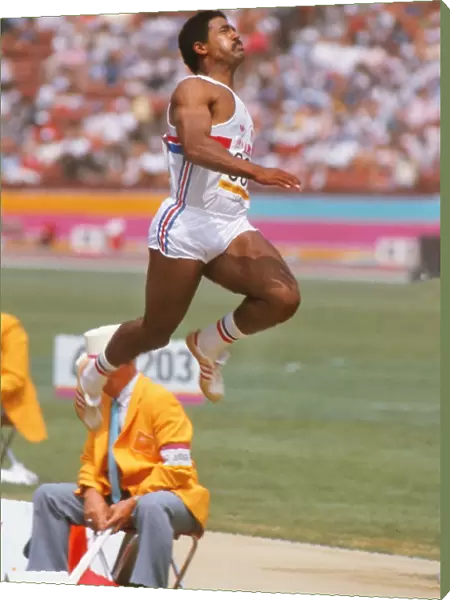 Daley Thompson leaps to gold at the 1984 Los Angeles Olympics