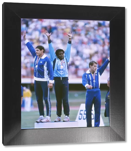 Allan Wells and Mike McFarlane share top spot on the 200m podium at the 1982 Brisbane Commonwealth Games