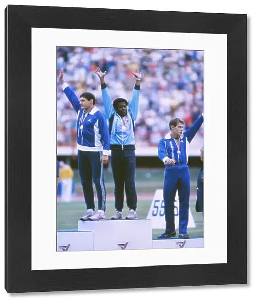 Allan Wells and Mike McFarlane share top spot on the 200m podium at the 1982 Brisbane Commonwealth Games