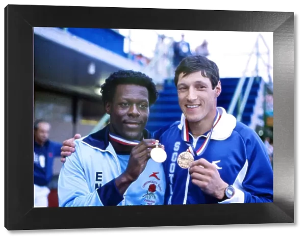 Allan Wells and Mike McFarlane with their shared 1982 Commonwealth 200m gold medals