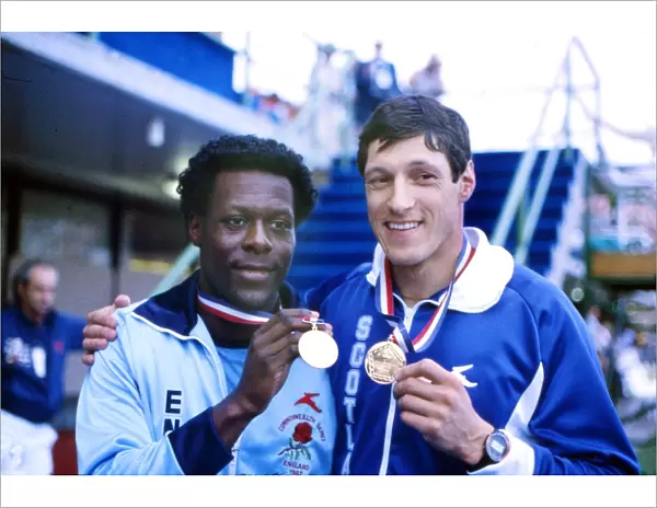 Allan Wells and Mike McFarlane with their shared 1982 Commonwealth 200m gold medals