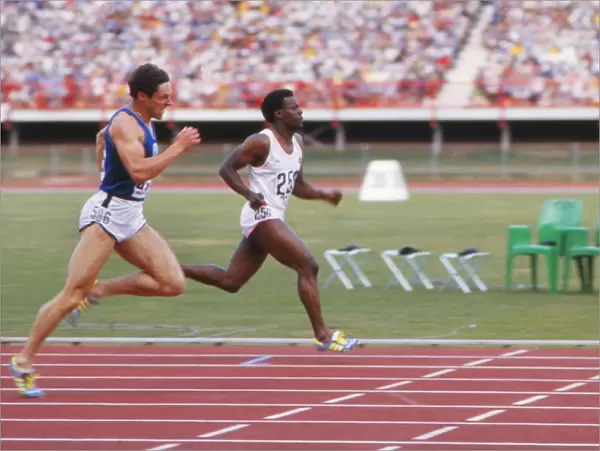 Allan Wells and Mike McFarlane approach the line as they dead heat in the 200m Commonwealth Games final