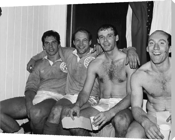 Midlands players Paul Dodge, Dusty Hare, Clive Woodward and Les Cusworth celebrate after defeating the All Blacks in 1983