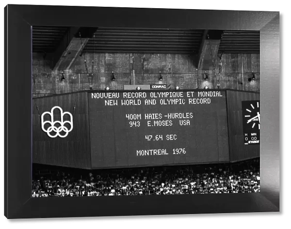 The scoreboard shows Edwin Moses world record at the 1976 Montreal Olympics