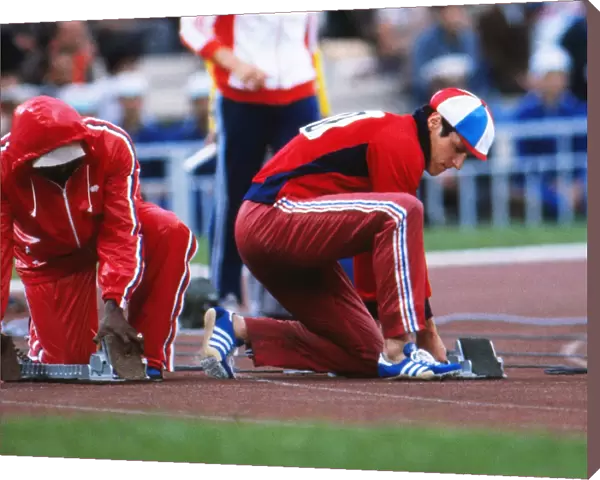 Allan Wells prepares for the 100m final at the 1980 Moscow Olympics