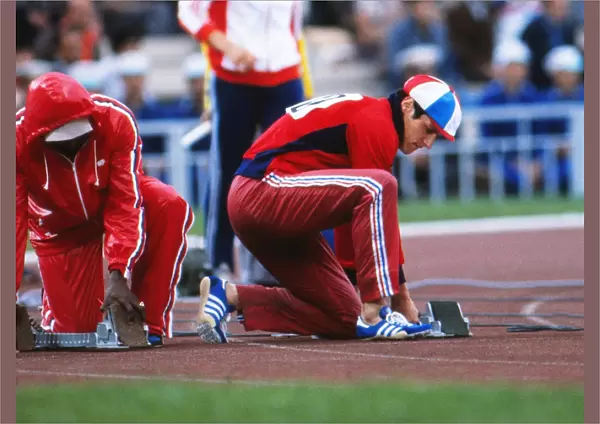 Allan Wells prepares for the 100m final at the 1980 Moscow Olympics