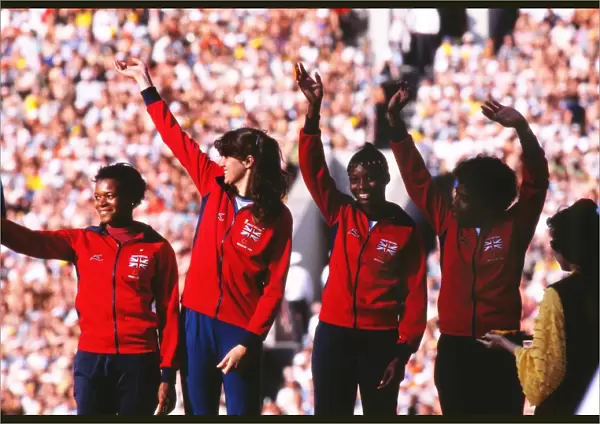 Great Britains bronze medal-winning 4x100m team on the podium at the 1980 Moscow Olympics