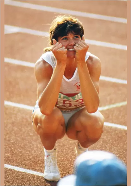 Kathy Cook looks nervously at the scoreboard to confirm her bronze medal win at the 1984 Olympics