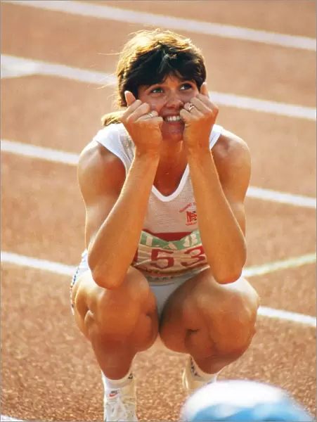 Kathy Cook looks nervously at the scoreboard to confirm her bronze medal win at the 1984 Olympics