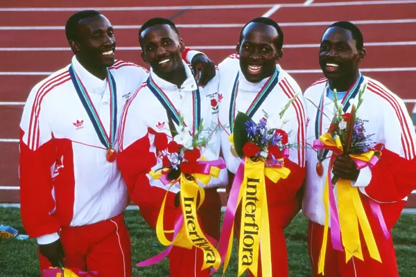 Englands gold medal-winning 4x100m relay team at the 1990 Auckland Commonwealth Games
