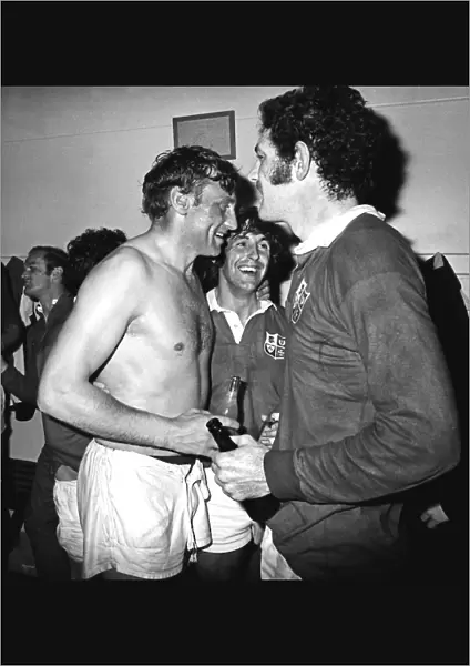 Willie John McBride, Ian McGeechan and Mervyn Davies celebrate winning the 1974 British Lions series