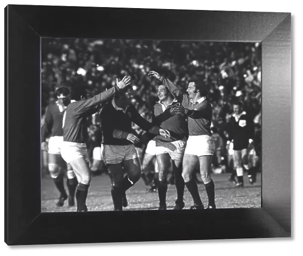 JJ Williams is congratulated by his teammates after scoring for the British Lions during the Third Test against South Africa in 1974