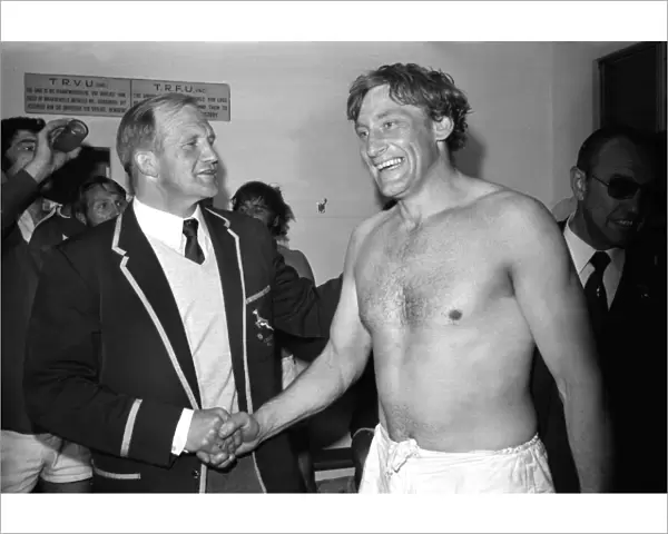 British Lions captain Wille John McBride shakes Springbok coach Johan Clssens hand after the final test in 1974