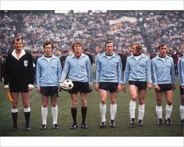 West Germanys Beckenbauer, Maier, Schwarzenbeck, Netzer and Hottges line up before facing England at Euro 72