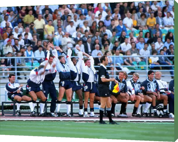 The England bench do a Mexican Wave during Italia 90
