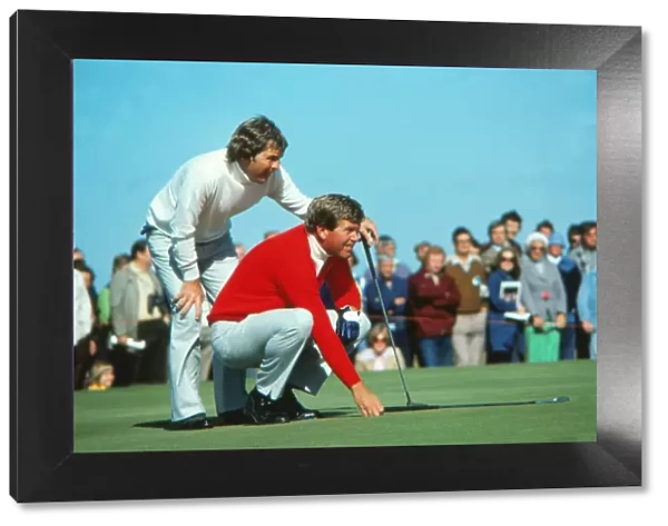 The USAs Lanny Watkins and Ed Sneed line up a putt at the 1977 Ryder Cup