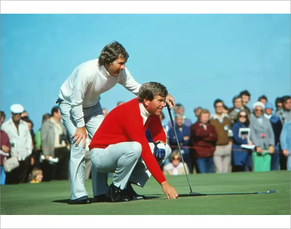 The USAs Lanny Watkins and Ed Sneed line up a putt at the 1977 Ryder Cup