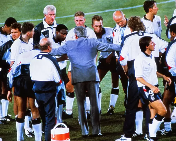 England manager Bobby Robson talks to his players before extra-time in the semi-final of Italia 90