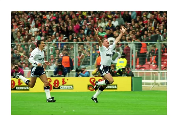 Paul Gascoigne celebrates scoring his stunning FA Cup semi-final free-kick against Arsenal in 1991