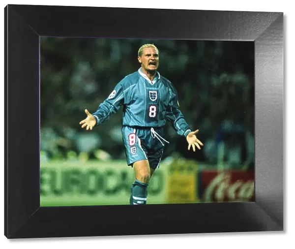 Paul Gascoigne celebrates scoring his penalty in the semi-final of Euro 96
