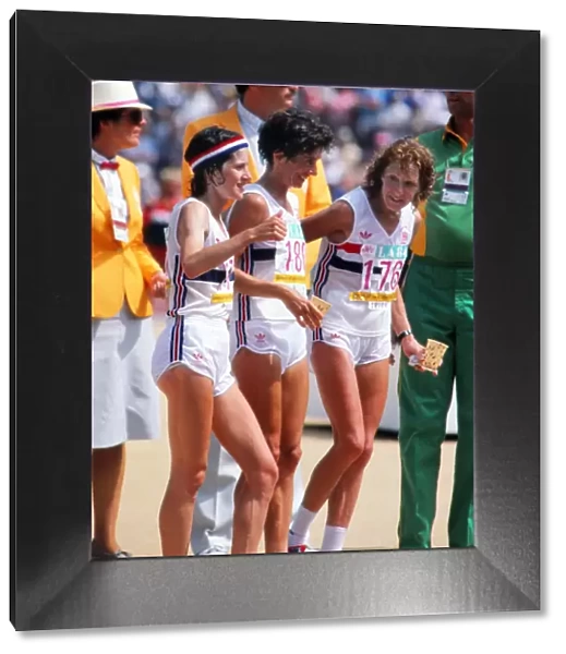 Great Britains Sarah Rowell, Priscilla Welch, and Joyce Smith prepare to start the marathon - 1984 Los Angeles Olympics