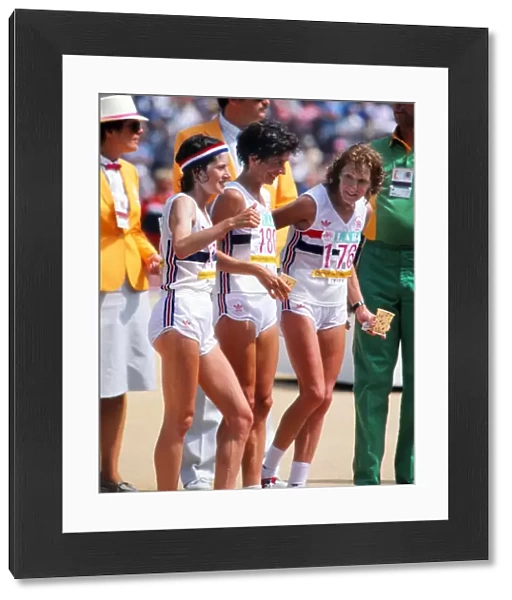 Great Britains Sarah Rowell, Priscilla Welch, and Joyce Smith prepare to start the marathon - 1984 Los Angeles Olympics